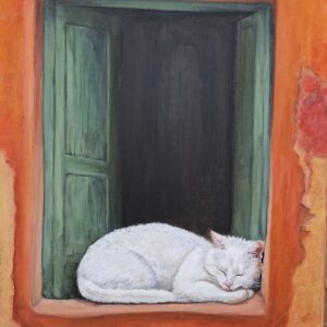 Acrylic painting of a white cat having a nap in the window of a Mediterranean home